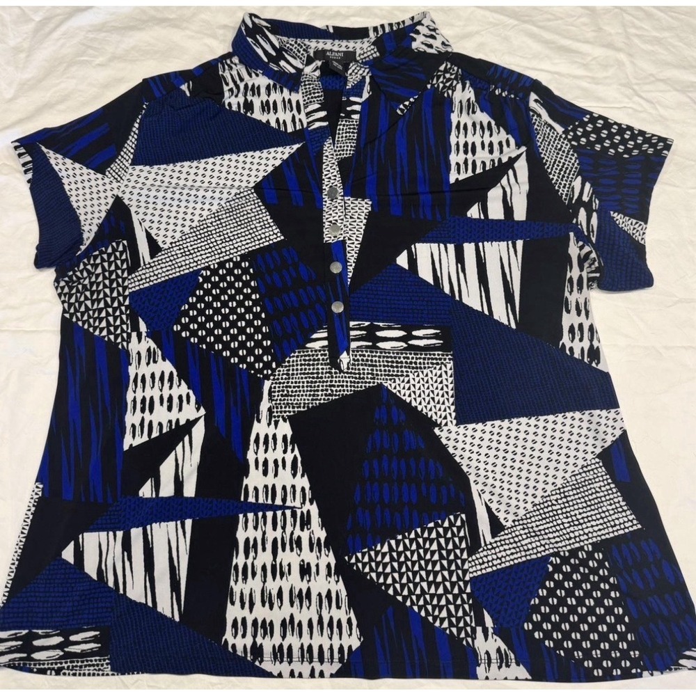 Alfani Women's Top Blouse Blue Black White Short Sleeve Collared 2XL